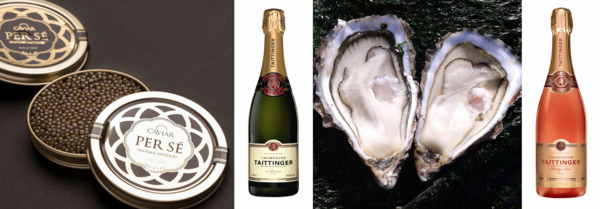 De izquierda a derecha, variedad Nacarii de Caviar Per Sé, Taittinger Brut, ostras Spéciales Fines de Claire Nº2 de Live Fish y Taittinger Prestige Rose. CPS-TG-LF.